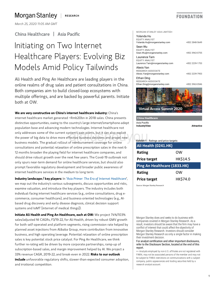 摩根士丹利-中国-医疗保健行业-两家互联网医疗玩家研究政策推动下不断演变的商业模式-2020.3.25-64页.pdf_第1页